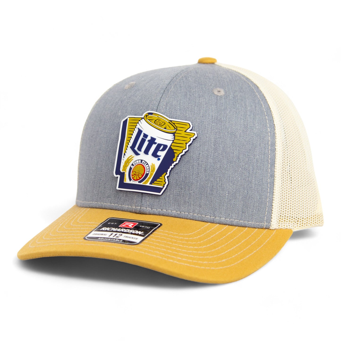 It's Miller Time Arkansas 3D Snapback Trucker Hat- Heather Grey/ Birch/ Amber Gold
