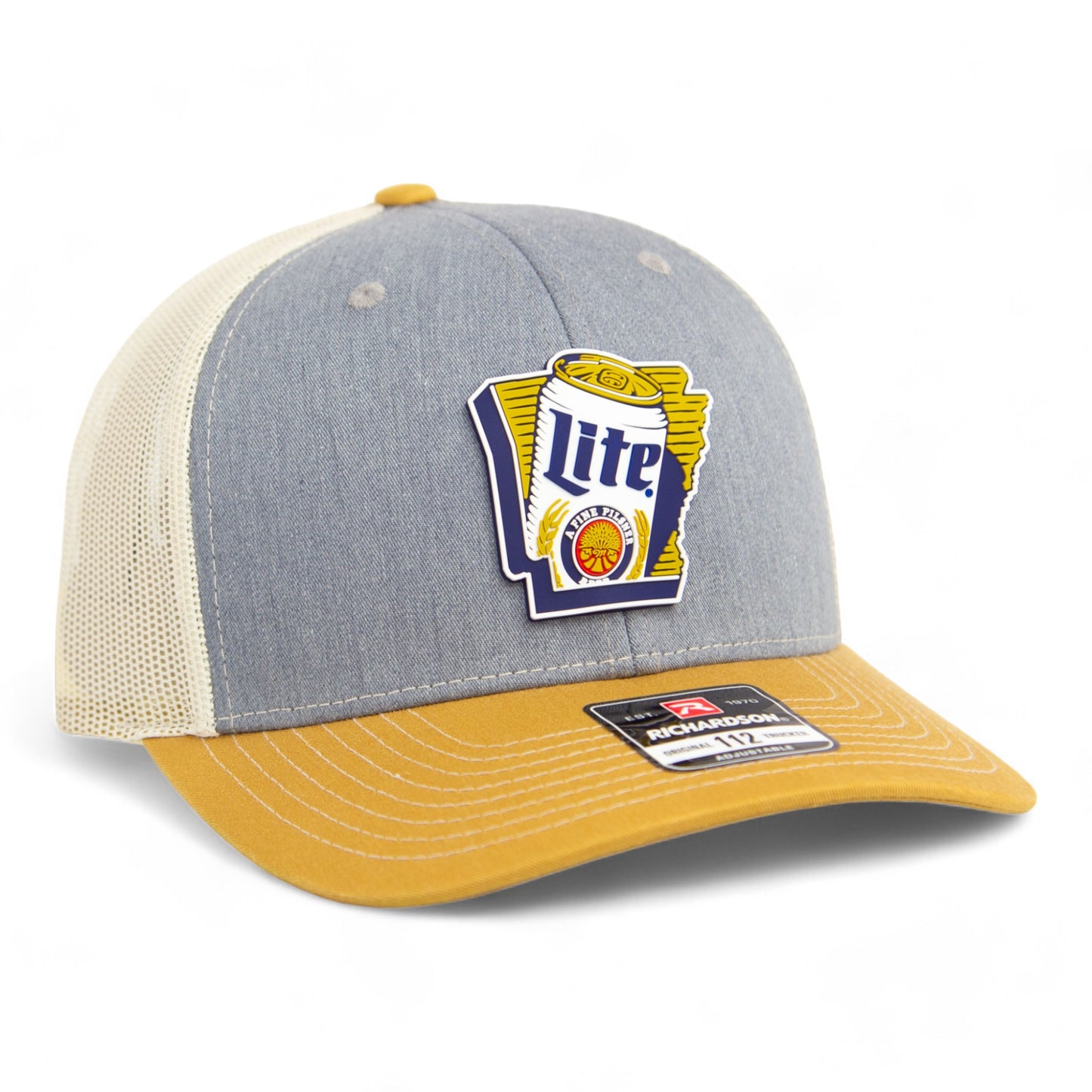 It's Miller Time Arkansas 3D Snapback Trucker Hat- Heather Grey/ Birch/ Amber Gold