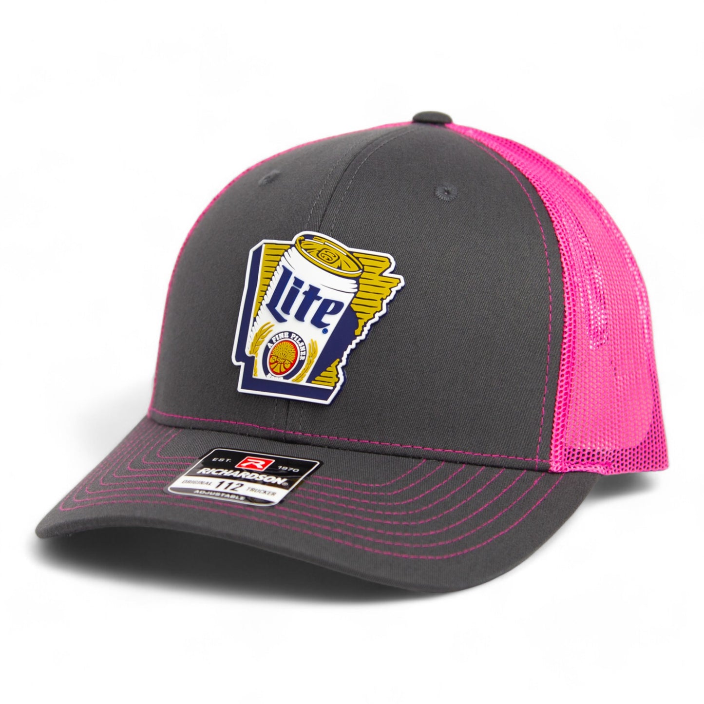 It's Miller Time Arkansas 3D Snapback Trucker Hat- Charcoal/ Neon Pink