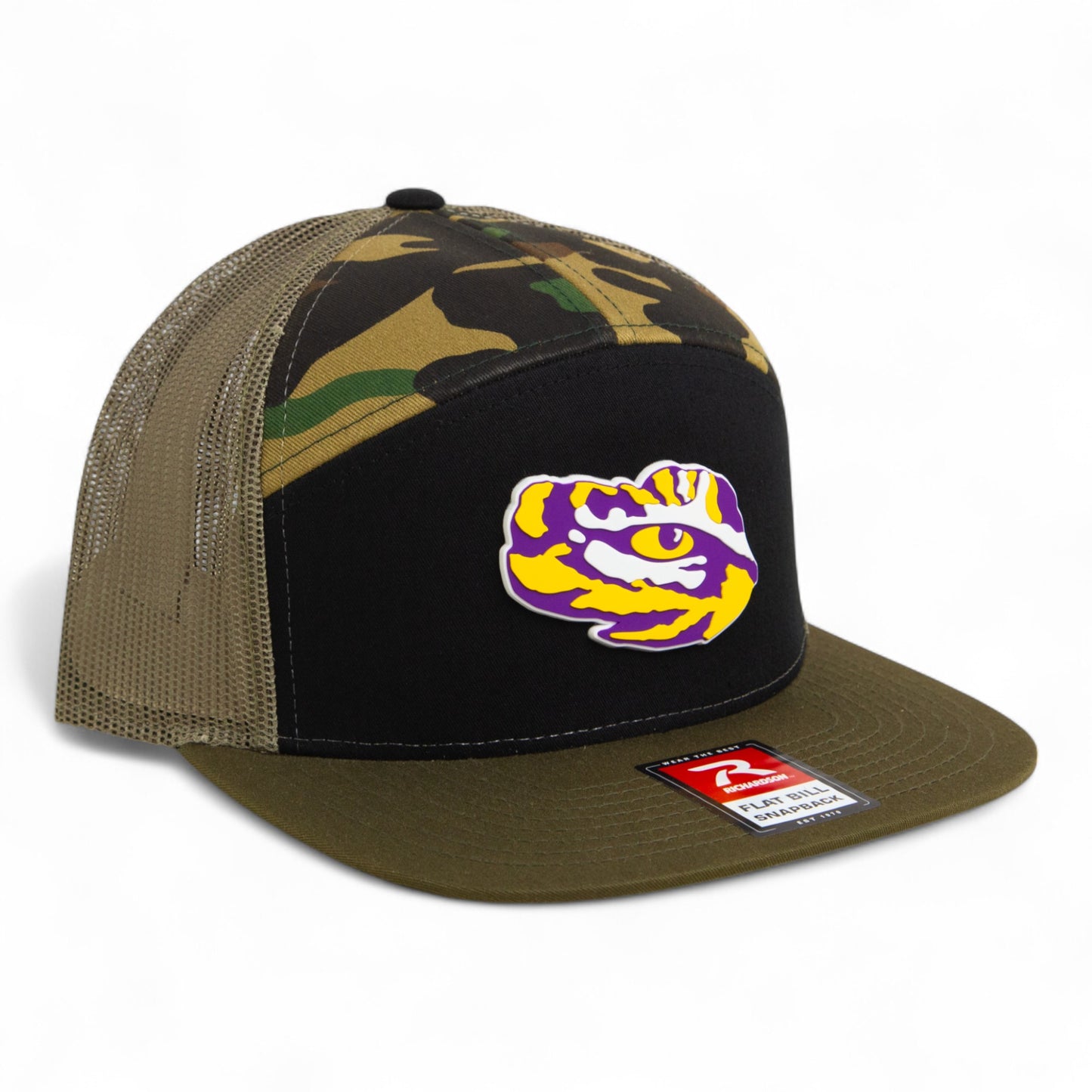 LSU Tiger Eye 3D Snapback Seven-Panel Flat Bill Trucker Hat- Black/ Camo/ Loden