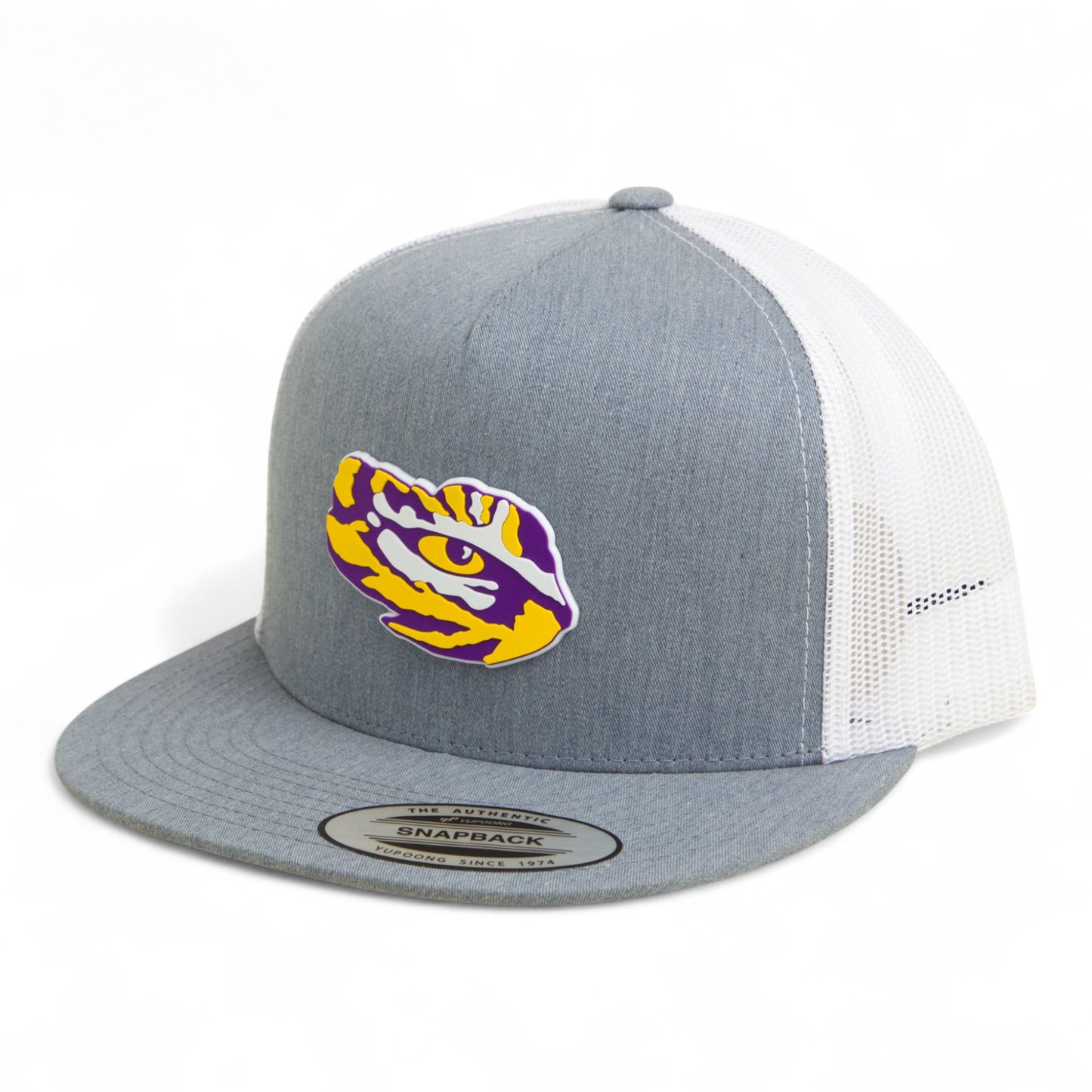 LSU Tiger Eye 3D YP Snapback Flat Bill Trucker Hat- Heather Grey/ White