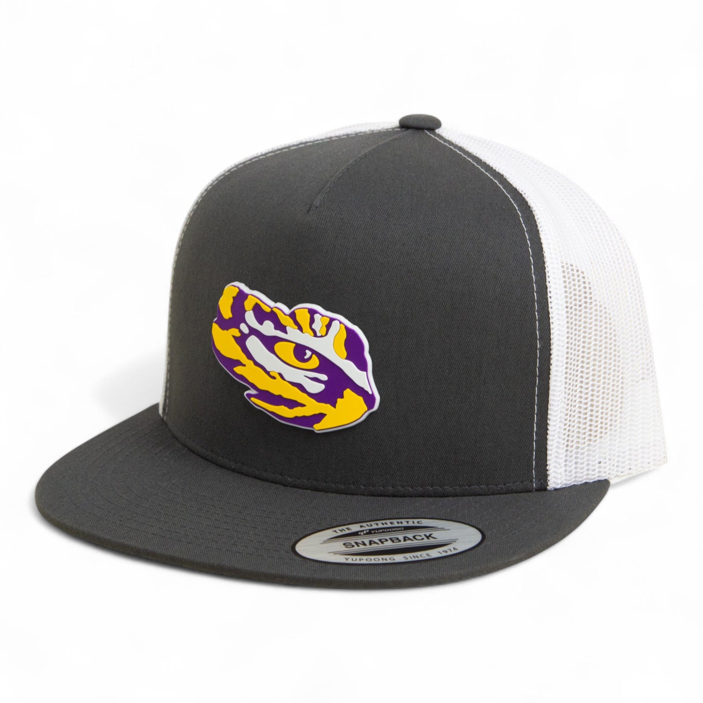 LSU Tiger Eye 3D YP Snapback Flat Bill Trucker Hat- Charcoal/ White