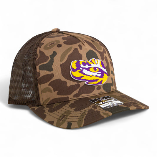 LSU Tiger Eye 3D Snapback Trucker Hat- Bark Duck Camo/ Brown