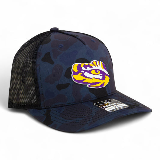 LSU Tiger Eye 3D Snapback Trucker Hat- Admiral Duck Camo/ Black