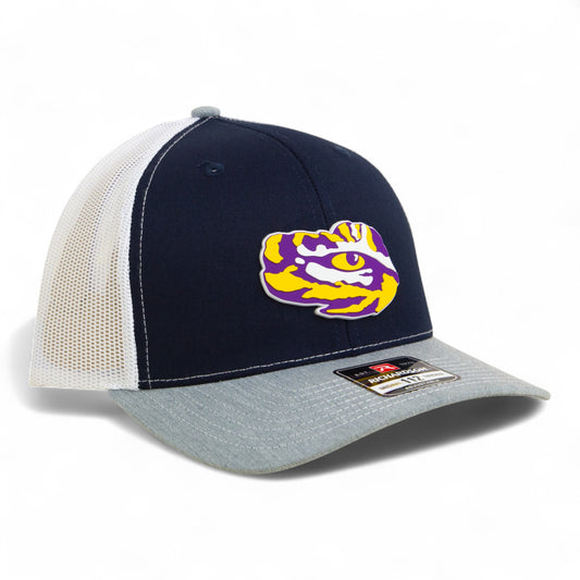 LSU Tiger Eye 3D Snapback Trucker Hat- Navy/ White/ Heather Grey