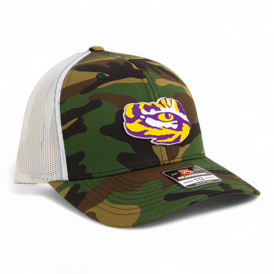 LSU Tiger Eye 3D Snapback Trucker Hat- Army Camo/ White