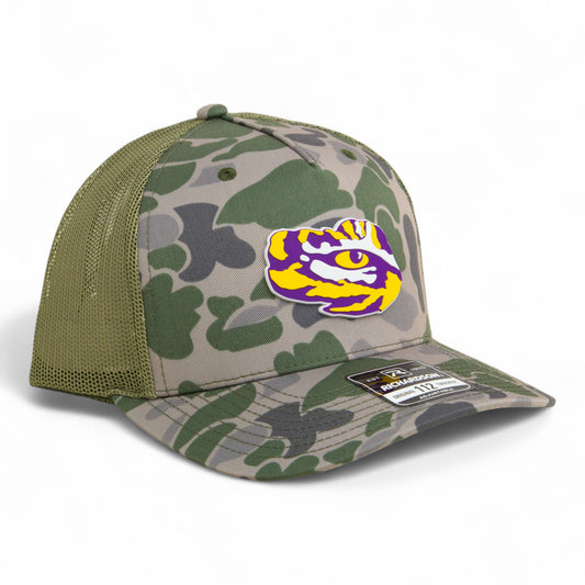 LSU Tiger Eye 3D Snapback Trucker Hat- Marsh Duck Camo/ Loden