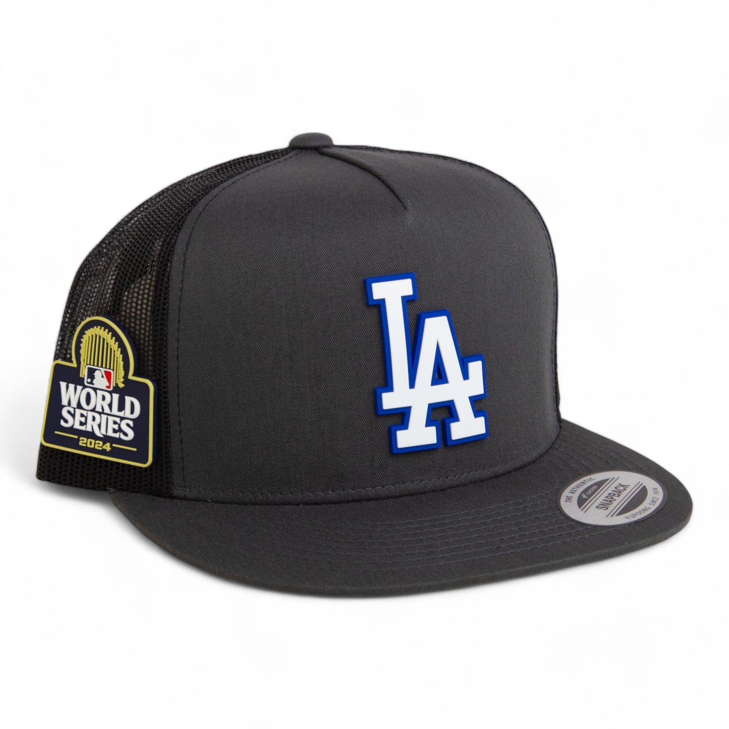 LA Dodgers 2024 World Series 3D YP Snapback Flat Bill Trucker Hat White- Charcoal/ Black