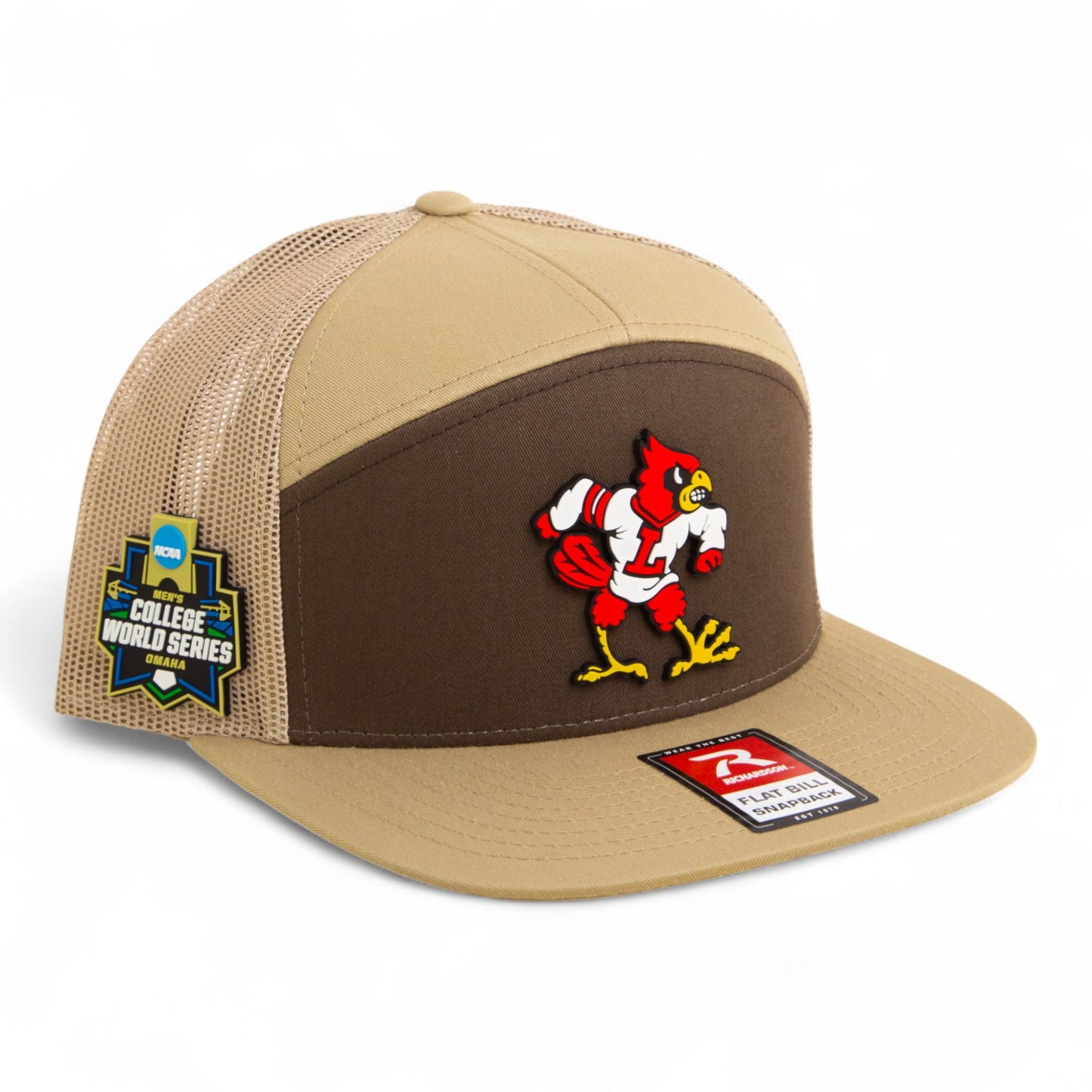 Louisville Cardinals Retro 2025 College World Series 3D Snapback Seven-Panel Flat Bill Trucker Hat- Brown/ Tan