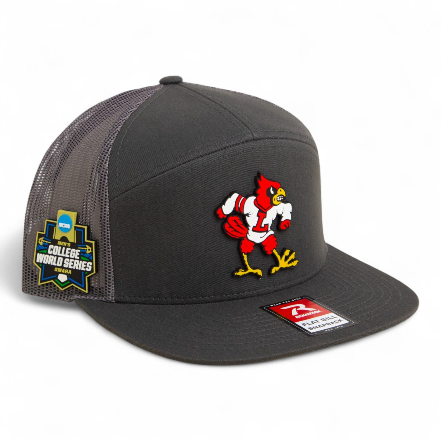 Louisville Cardinals Retro 2025 College World Series 3D Snapback Seven-Panel Flat Bill Trucker Hat- Charcoal
