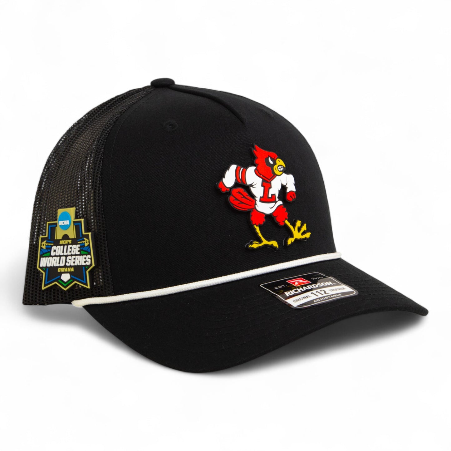 Louisville Cardinals Retro 2025 College World Series 3D Snapback Trucker Rope Hat- Black/ White