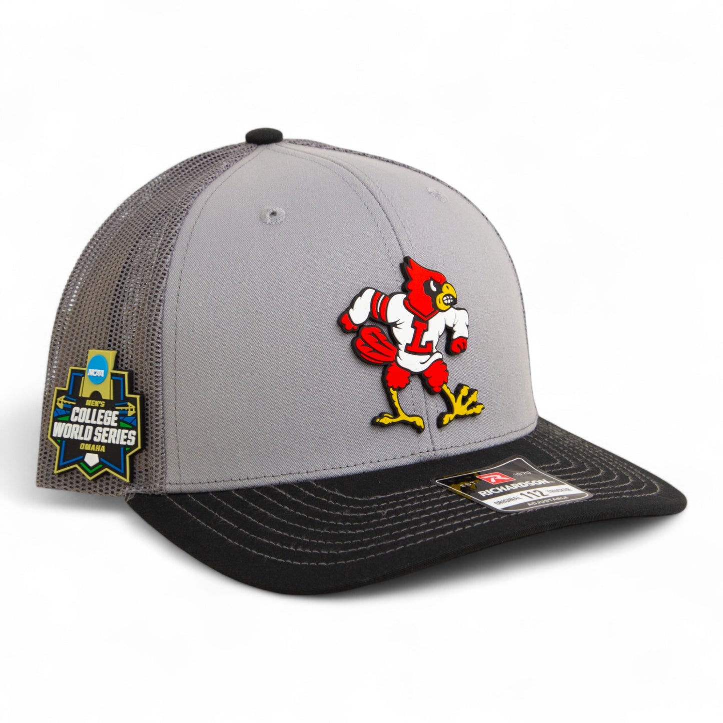 Louisville Cardinals Retro 2025 College World Series 3D Snapback Trucker Hat- Grey/ Charcoal/ Black
