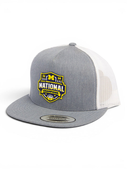 Michigan Wolverines 2026 Basketball National Champions 3D YP Snapback Flat Bill Trucker Hat- Heather Grey/ White