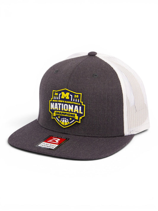 Michigan Wolverines 2026 Basketball National Champions 3D Wool Blend Flat Bill Hat- Heather Charcoal/ White