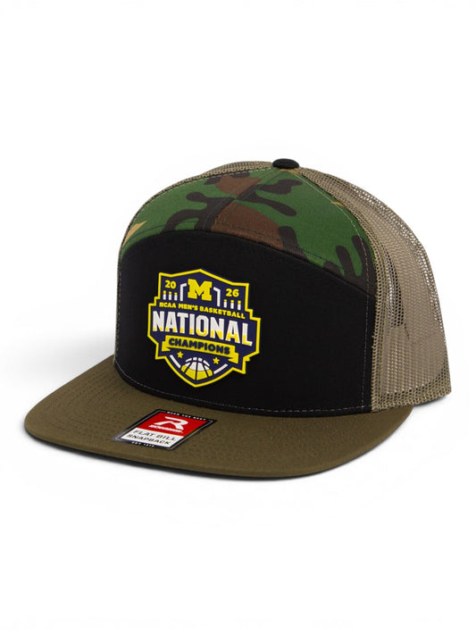 Michigan Wolverines 2026 Basketball National Champions 3D Snapback Seven-Panel Flat Bill Trucker Hat- Black/ Loden/ Camo