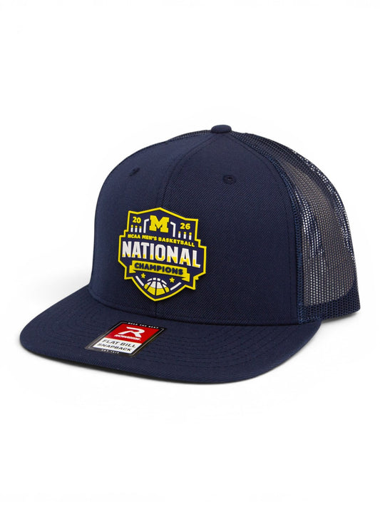 Michigan Wolverines 2026 Basketball National Champions 3D Wool Blend Flat Bill Hat- Navy