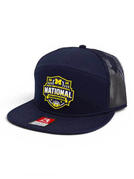 Michigan Wolverines 2026 Basketball National Champions 3D Snapback Seven-Panel Flat Bill Trucker Hat- Navy