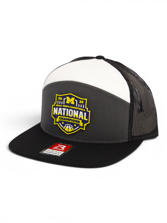 Michigan Wolverines 2026 Basketball National Champions 3D Snapback Seven-Panel Flat Bill Trucker Hat- Charcoal/ Black/ White
