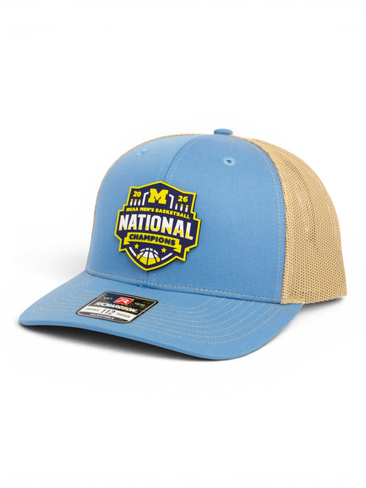 Michigan Wolverines 2026 Basketball National Champions 3D Snapback Trucker Hat- Columbia Blue/ Tan