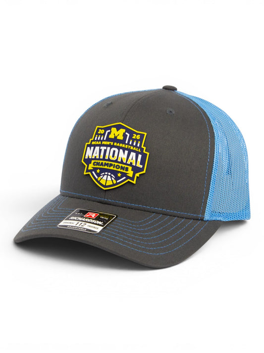 Michigan Wolverines 2026 Basketball National Champions 3D Snapback Trucker Hat- Charcoal/ Columbia Blue