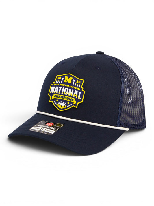 Michigan Wolverines 2026 Basketball National Champions 3D Snapback Trucker Rope Hat- Navy/ White