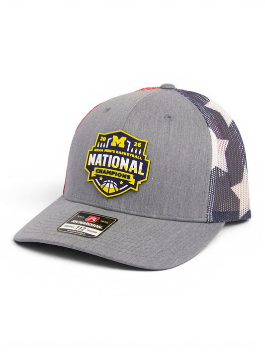 Michigan Wolverines 2026 Basketball National Champions 3D Snapback Trucker Hat- Heather Grey/ Stars & Stripes