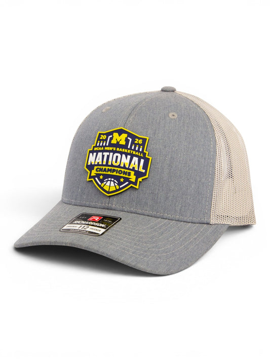 Michigan Wolverines 2026 Basketball National Champions 3D Snapback Trucker Hat- Heather Grey/ Light Grey