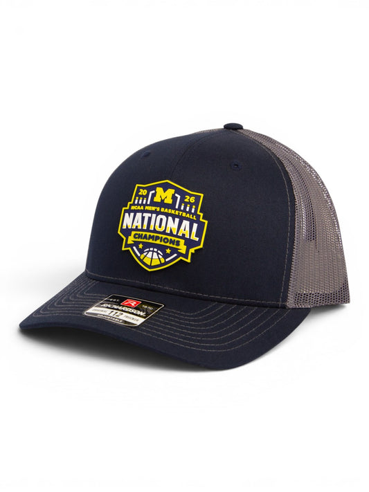 Michigan Wolverines 2026 Basketball National Champions 3D Snapback Trucker Hat- Navy/ Charcoal