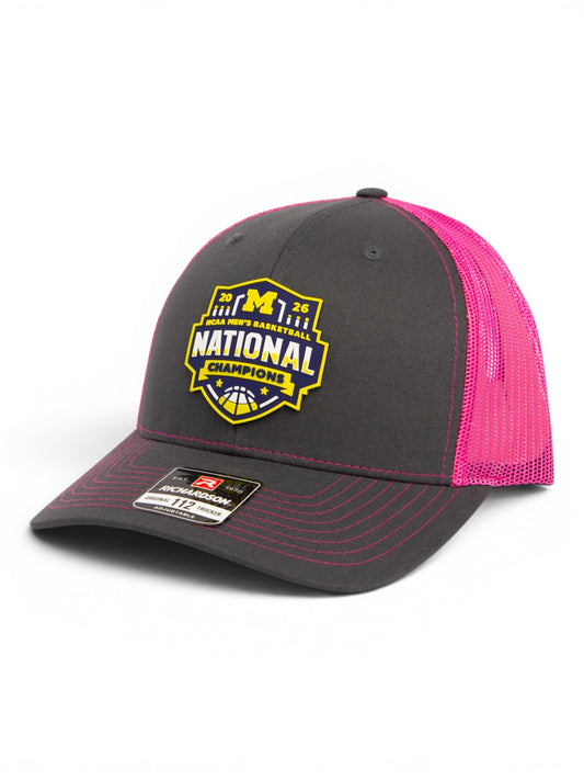Michigan Wolverines 2026 Basketball National Champions 3D Snapback Trucker Hat- Charcoal/ Pink