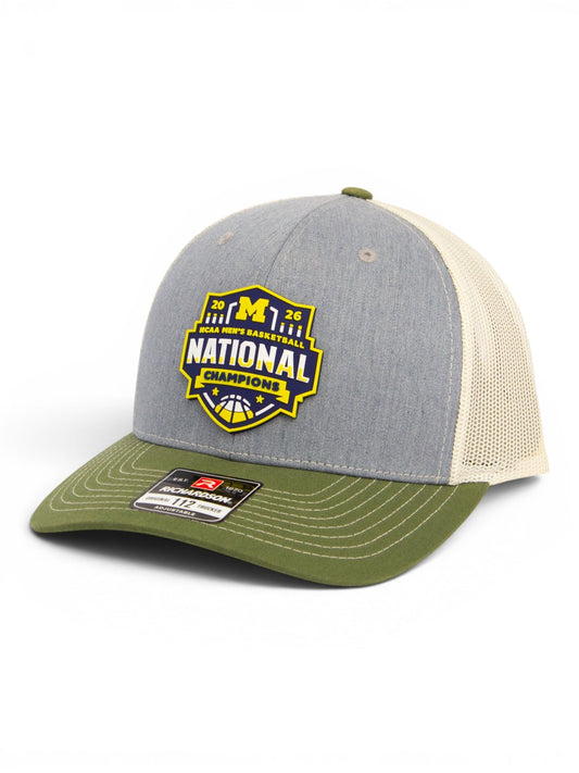 Michigan Wolverines 2026 Basketball National Champions 3D Snapback Trucker Hat- Heather Grey/ Birch/ Army Olive