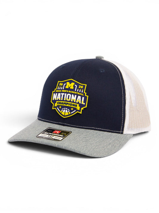 Michigan Wolverines 2026 Basketball National Champions 3D Snapback Trucker Hat- Navy/ White/ Heather Grey
