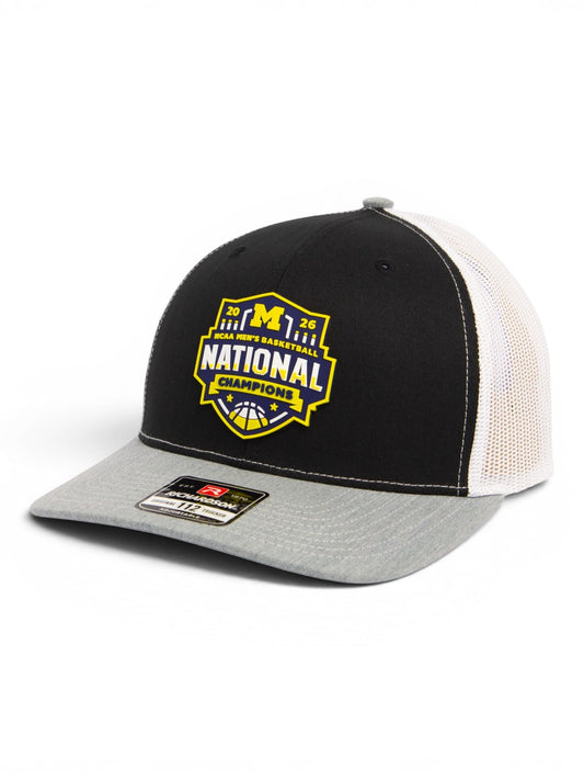 Michigan Wolverines 2026 Basketball National Champions 3D Snapback Trucker Hat- Black/ White/ Heather Grey
