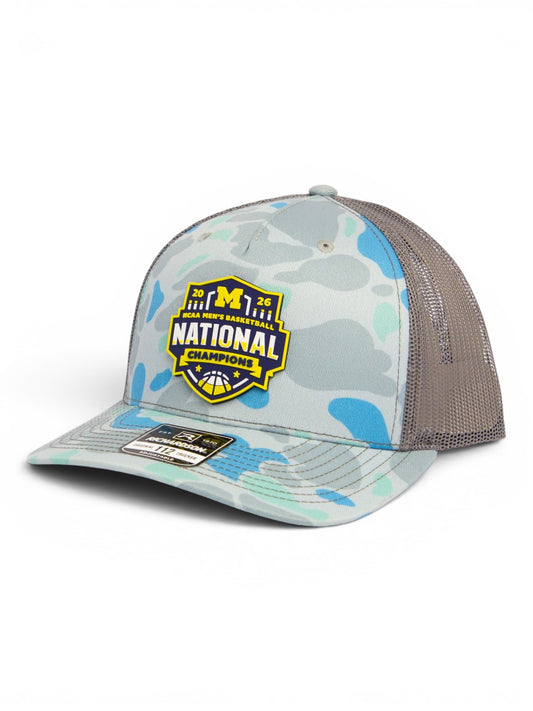 Michigan Wolverines 2026 Basketball National Champions 3D Snapback Trucker Hat- Saltwater Duck Camo/ Charcoal