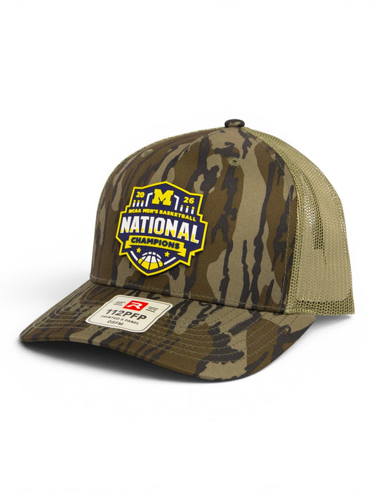 Michigan Wolverines 2026 Basketball National Champions 3D Snapback Trucker Hat- Mossy Oak Bottomland/ Loden