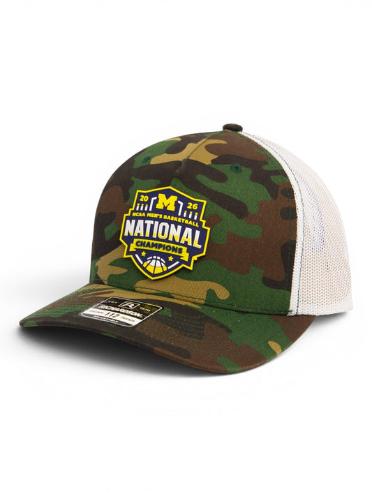 Michigan Wolverines 2026 Basketball National Champions 3D Snapback Trucker Hat- Army Camo/ White