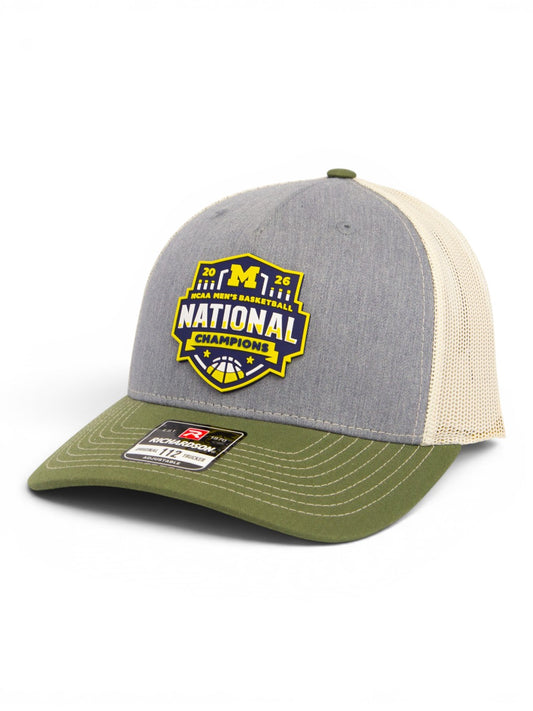 Michigan Wolverines 2026 Basketball National Champions 3D Snapback Trucker Hat- Heather Grey/ Birch/ Army Olive