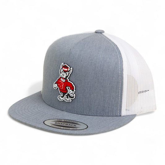 NC State Wolfpack Strutting Wolf 3D YP Snapback Flat Bill Trucker Hat- Heather Grey/ White