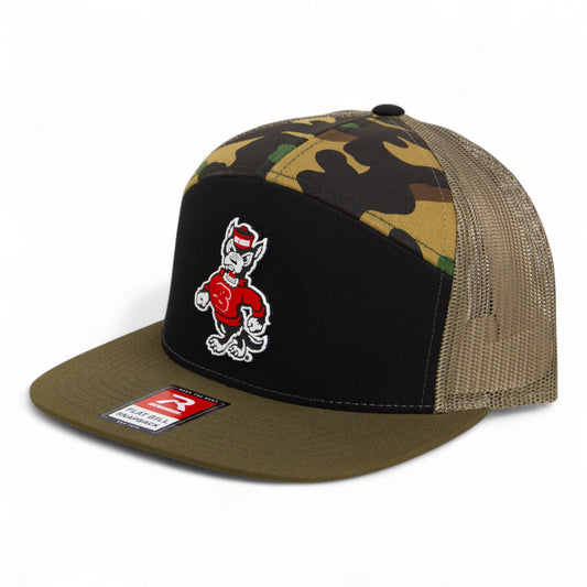 NC State Wolfpack Strutting Wolf 3D Snapback Seven-Panel Flat Bill Trucker Hat- Black/ Camo/ Loden