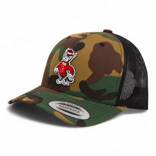 NC State Wolfpack Strutting Wolf 3D YP Snapback Trucker Hat- Army Camo/ Black