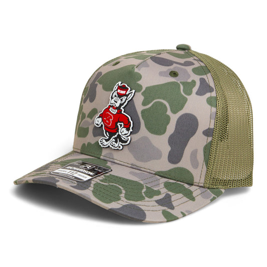 NC State Wolfpack Strutting Wolf 3D Snapback Trucker Hat- Marsh Duck Camo/ Loden