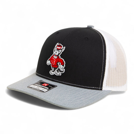 NC State Wolfpack Strutting Wolf 3D Snapback Trucker Hat- Black/ White/ Heather Grey