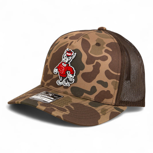 NC State Wolfpack Strutting Wolf 3D Snapback Trucker Hat- Bark Duck Camo/ Brown
