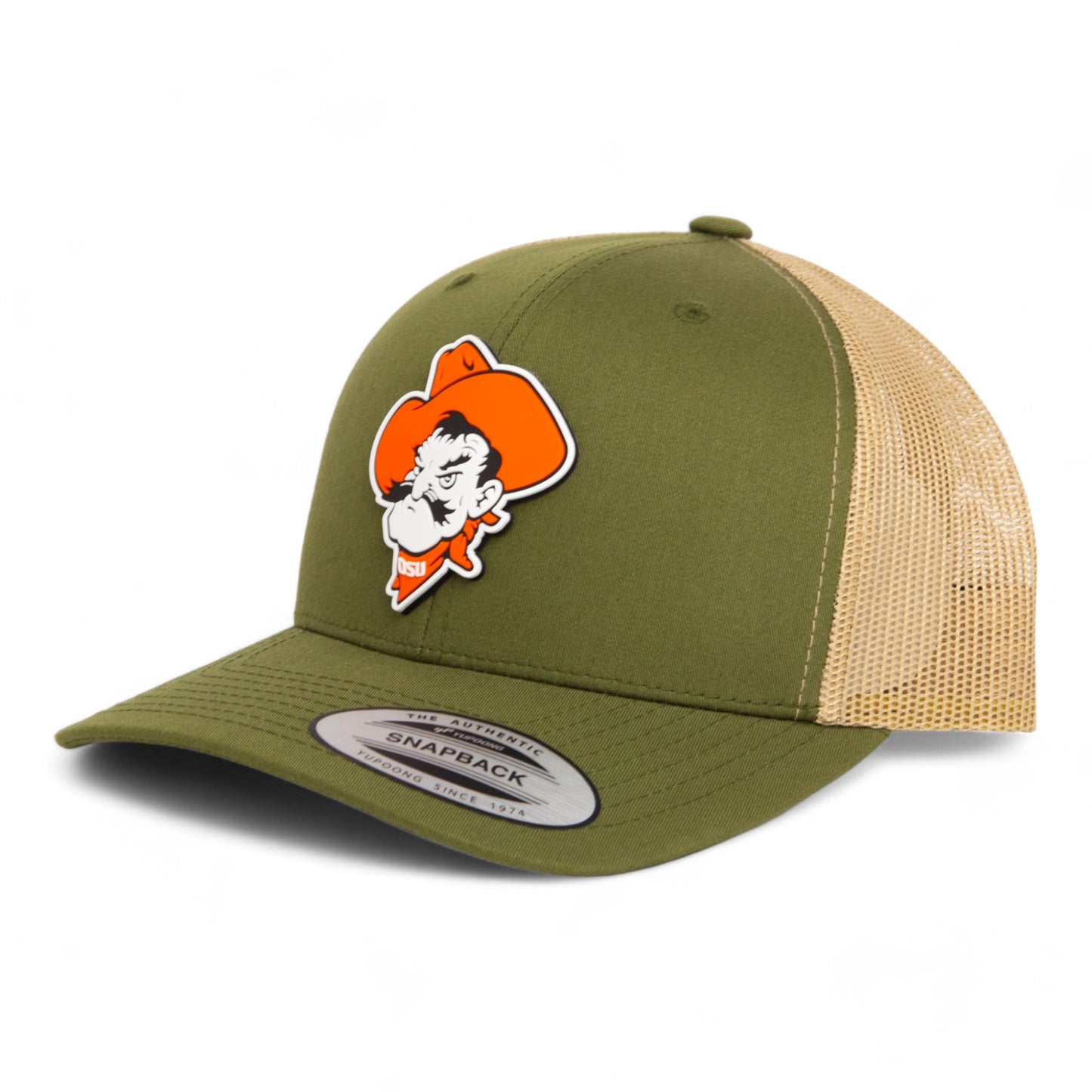 OSU Cowboys Pistol Pete 3D YP Snapback Trucker Hat- Moss/ Tan