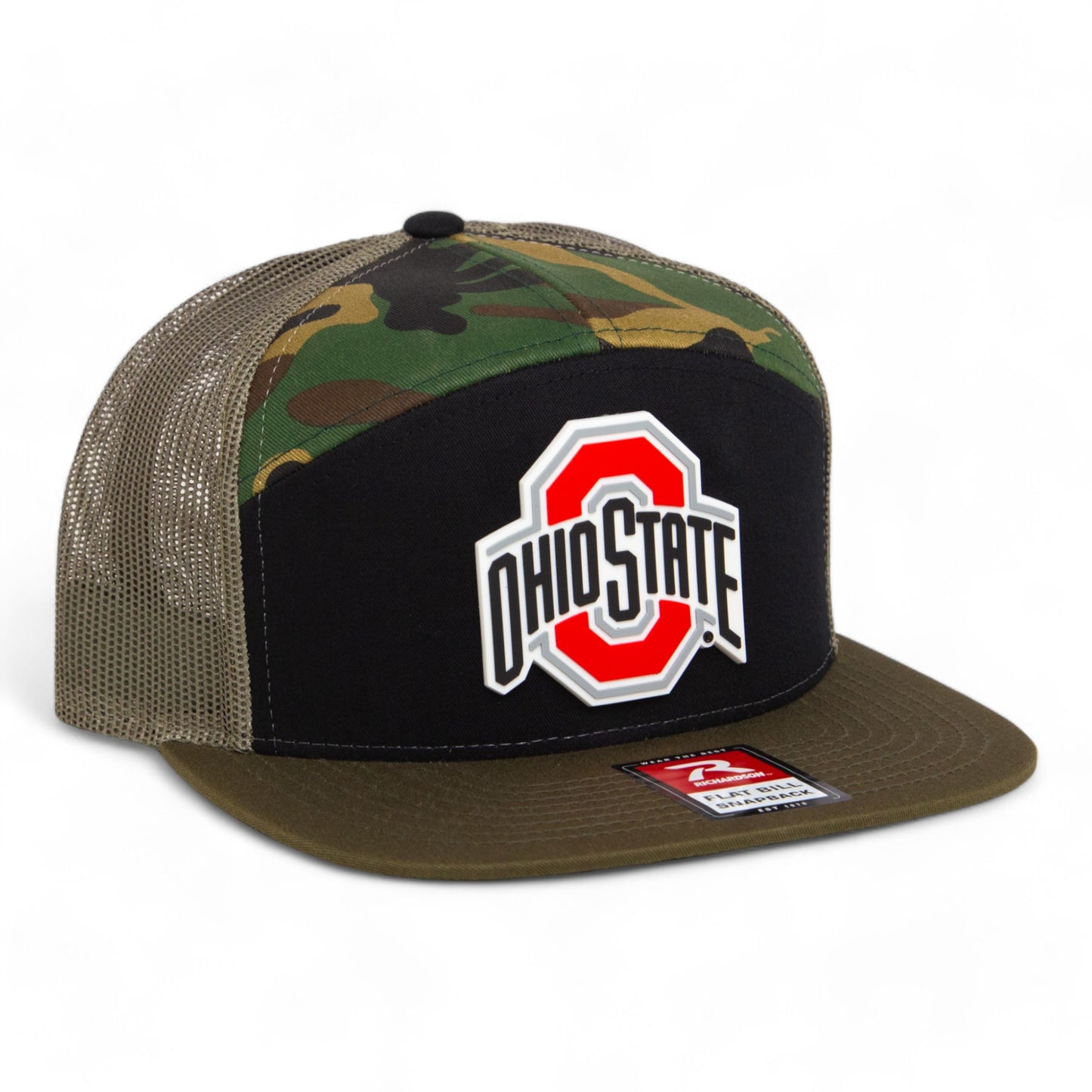 Ohio State Buckeyes 3D Snapback Seven-Panel Flat Bill Trucker Hat- Black/ Camo/ Loden
