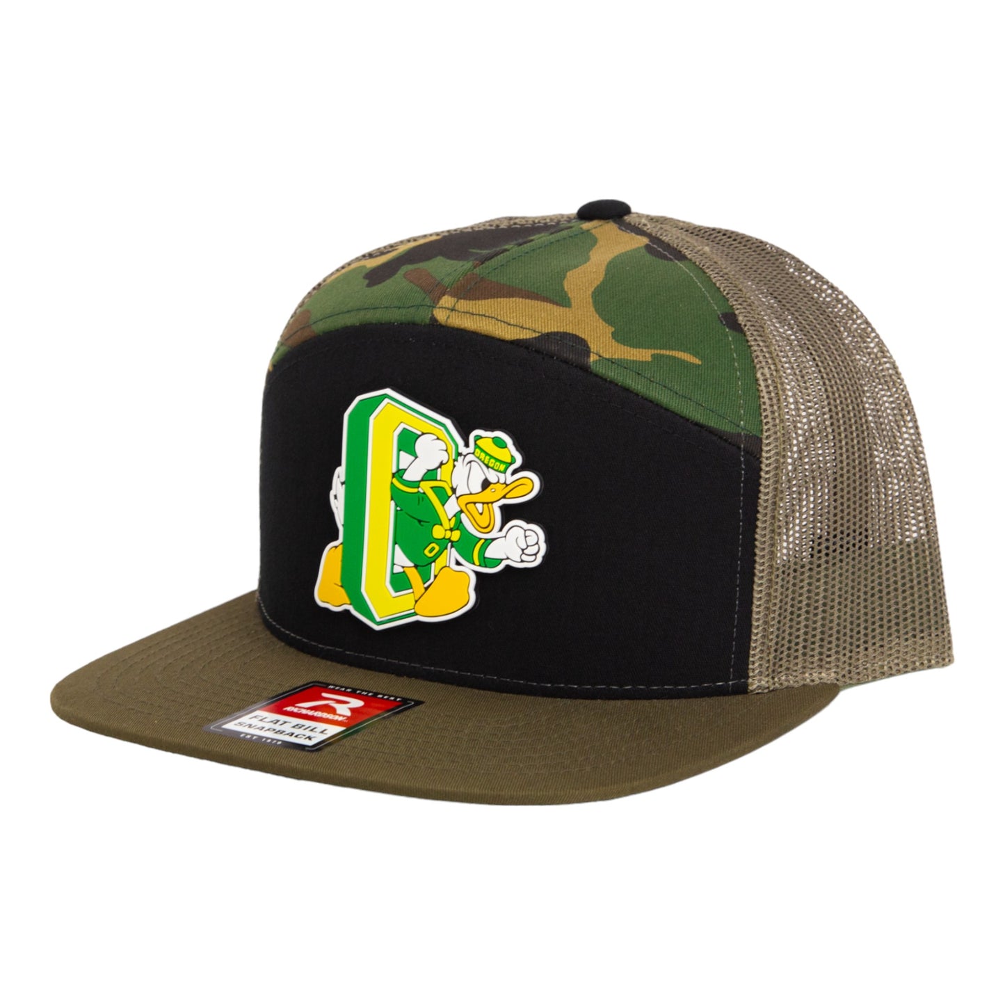 Oregon Ducks Retro 3D Snapback Seven-Panel Flat Bill Trucker Hat- Black/ Camo/ Loden