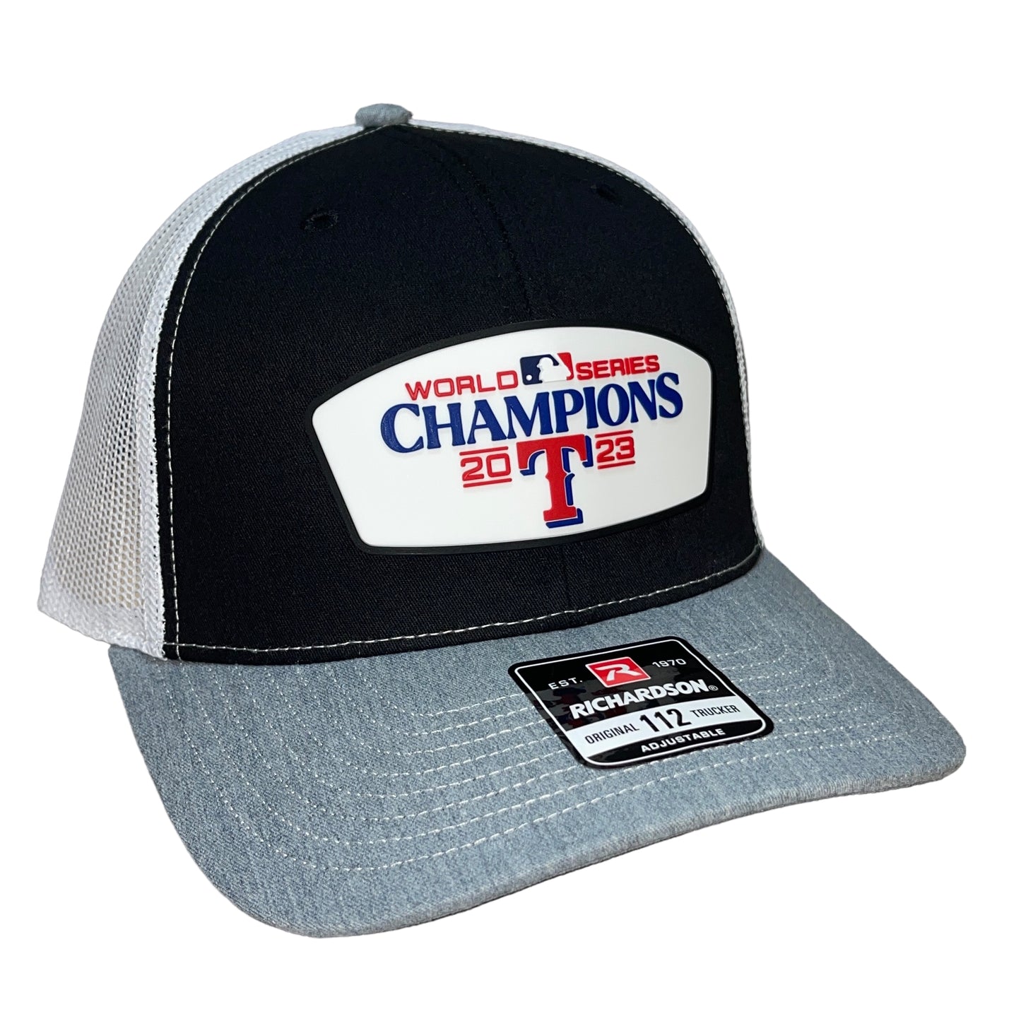 Texas Rangers 2023 World Series Champions 3D Snapback Trucker Hat- Black/ White/ Heather Grey