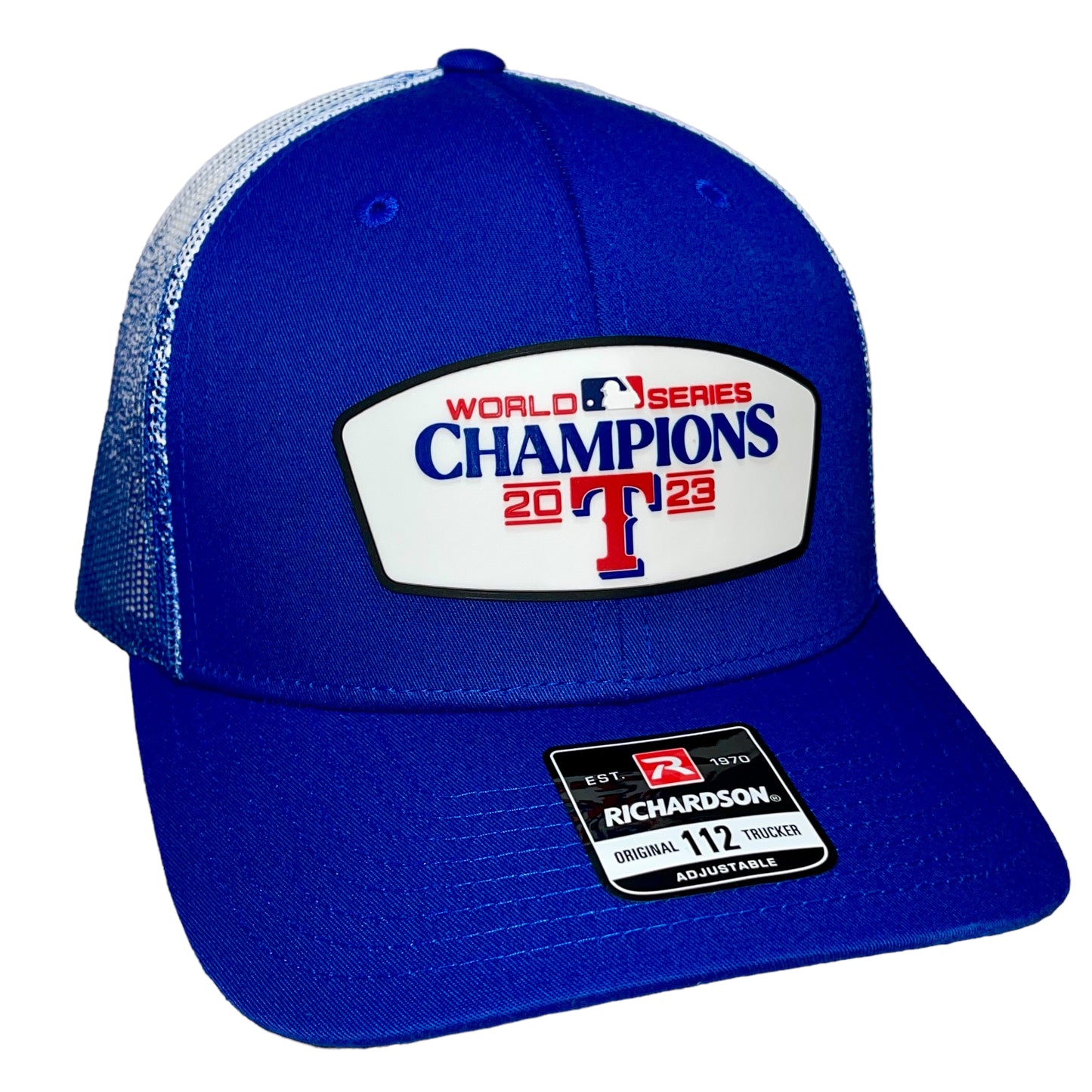 Texas Rangers 2023 World Series Champions 3D Patterned Mesh Trucker Hat- Royal Fade