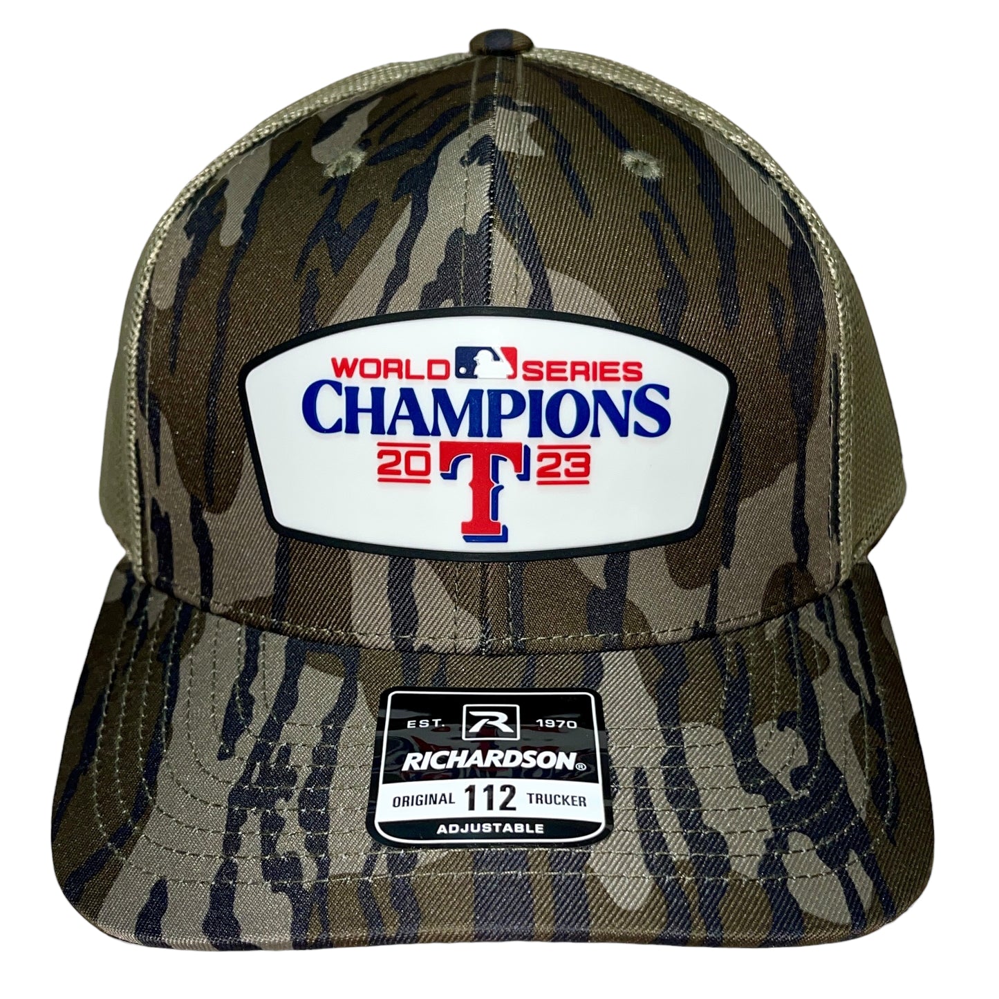 Texas Rangers 2023 World Series Champions Snapback Trucker Hat- Mossy Oak Bottomland/ Loden