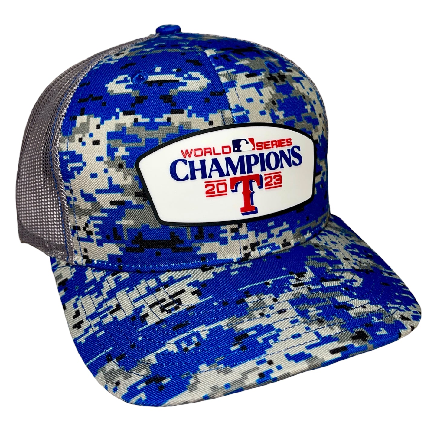 Texas Rangers 2023 World Series Champions Snapback Trucker Hat- Royal Digital Camo