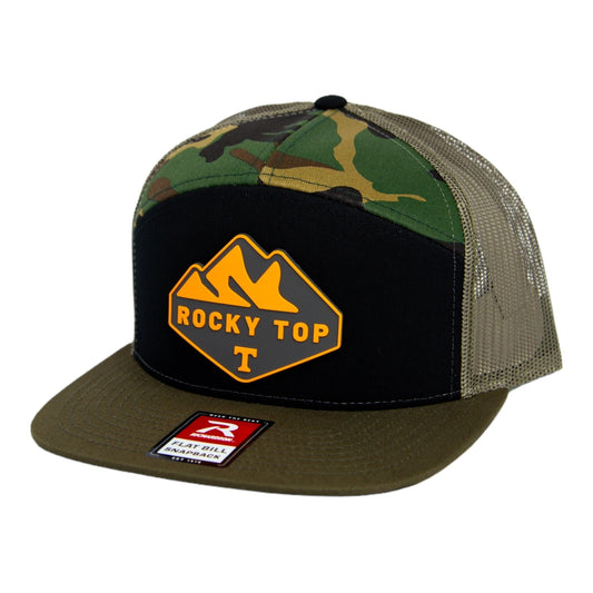 Tennessee Volunteers 2024 Men's College World Series 3D Snapback Seven-Panel Flat Bill Trucker Hat- Black/ Camo/ Loden